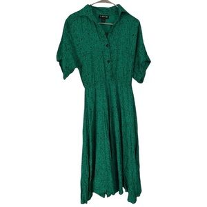 Laine VTG Emerald Green Maxi Dress Women Sz 7/8 Button Front Short Sleeve W belt